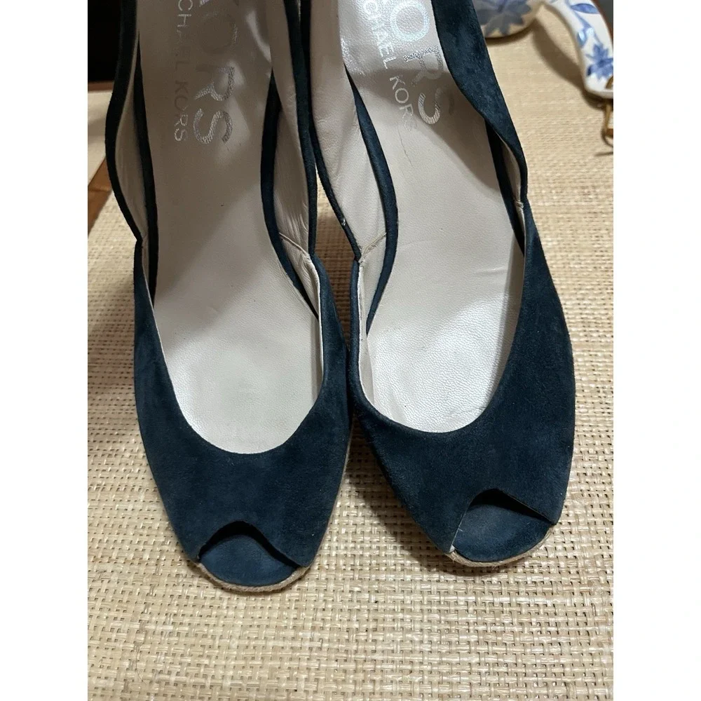 Michael Kors‎ Blue Suede Leather 7.5 Peep Toe Sling Back Wedge Espadrille Heels